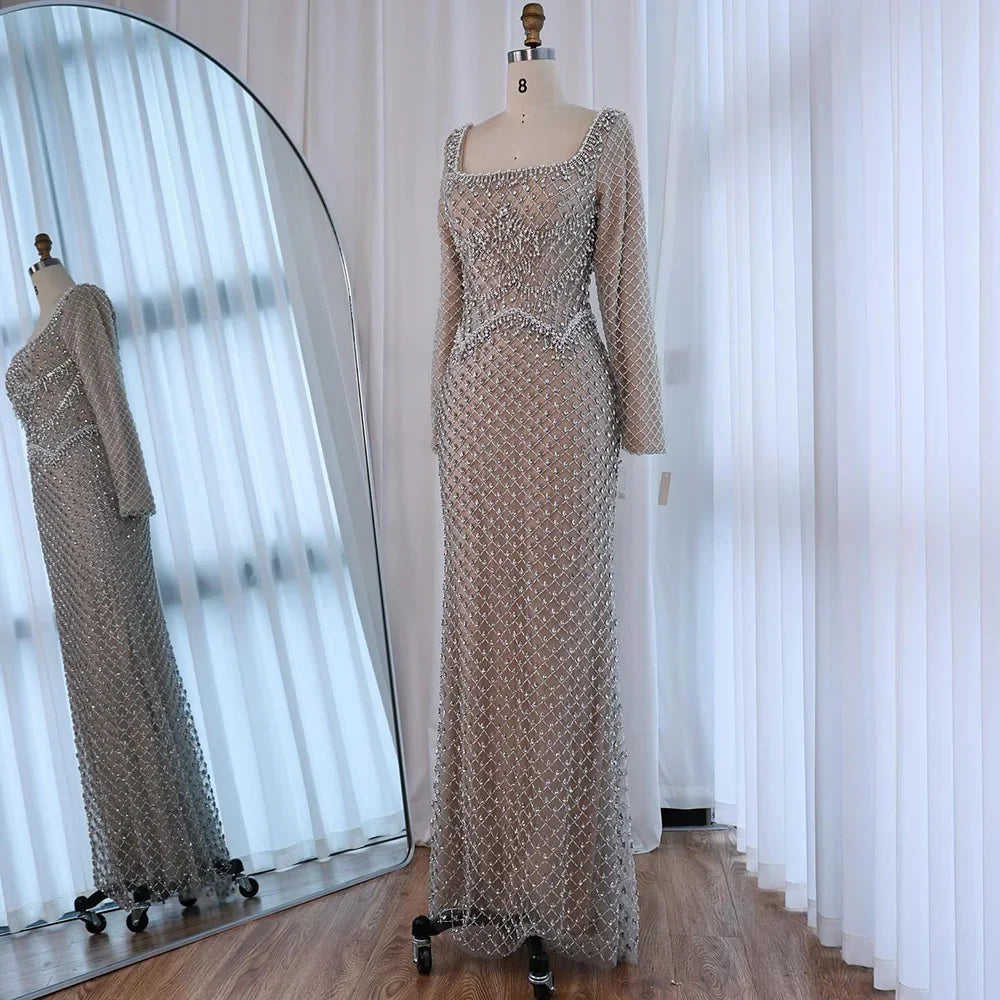 Elegant Beaded Pearl Mermaid Evening Dress with Long Sleeves for Wedding Occasion Serene Hill 2025 Customized DLA72919A