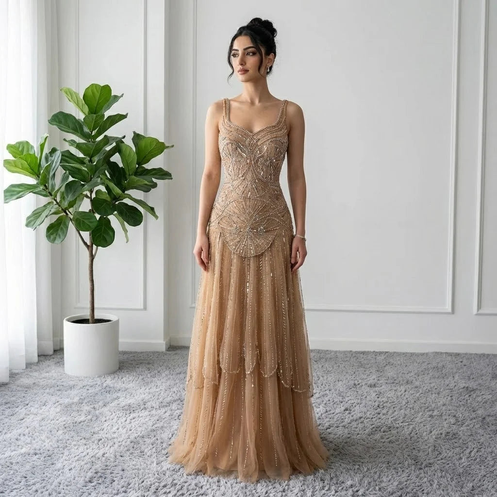 Serene Hill Customized 2026 Nude A-line Beaded Evening Dresses Luxury Party Gowns for Women DLA73189