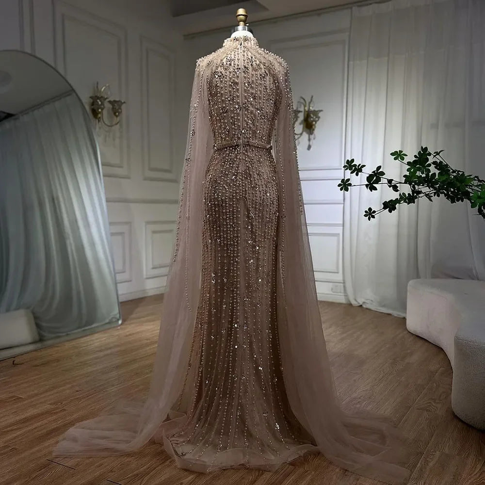 Dubai Grey Mermaid Cape Sleeves Pearls Beaded Elegant Evening Dresses Gowns 2025 Wedding Party DLA72372 Customized