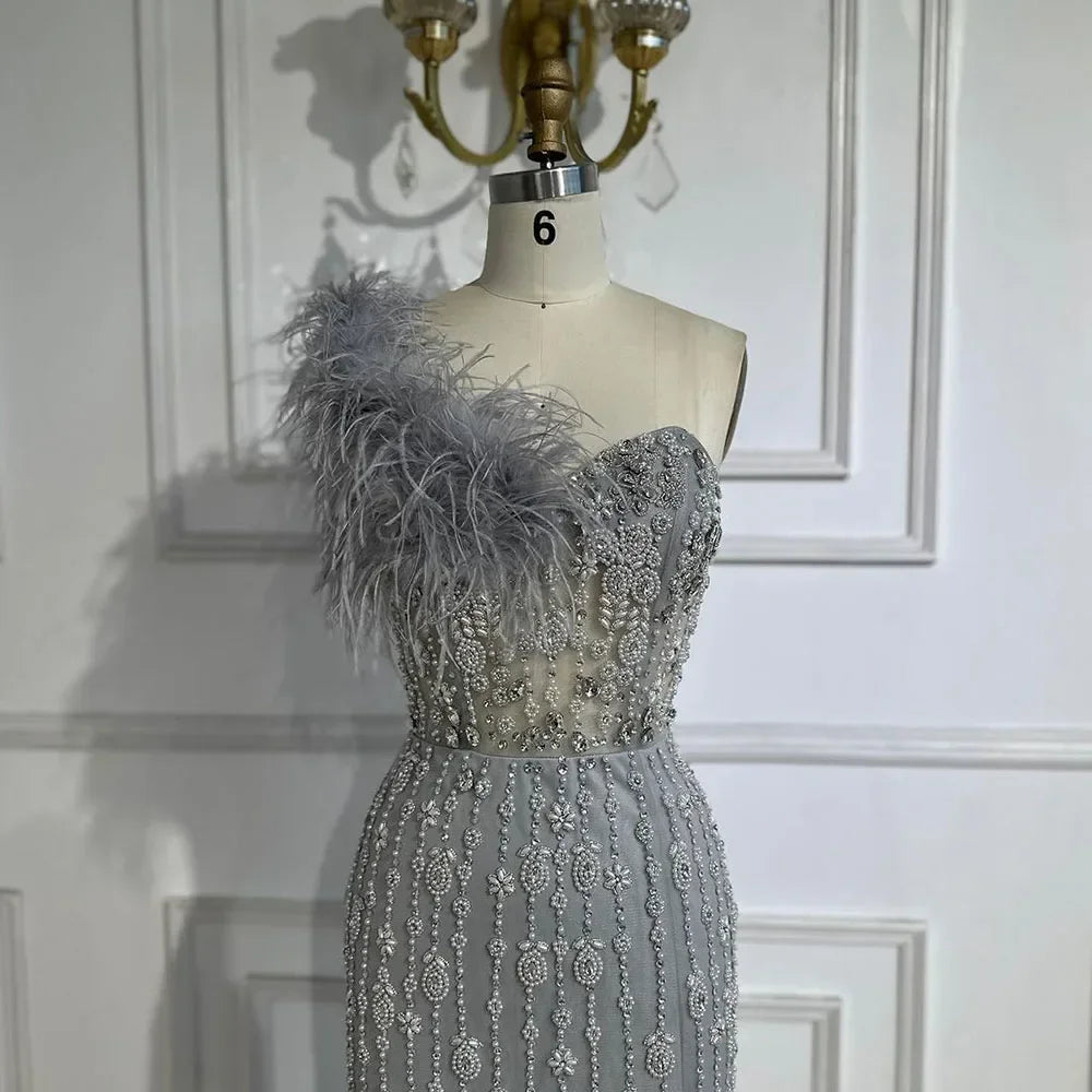 Serene Hill Gray Mermaid One Shoulder High Split Beaded Feather Evening Dress Party Gowns for Women DLA72347 Customized