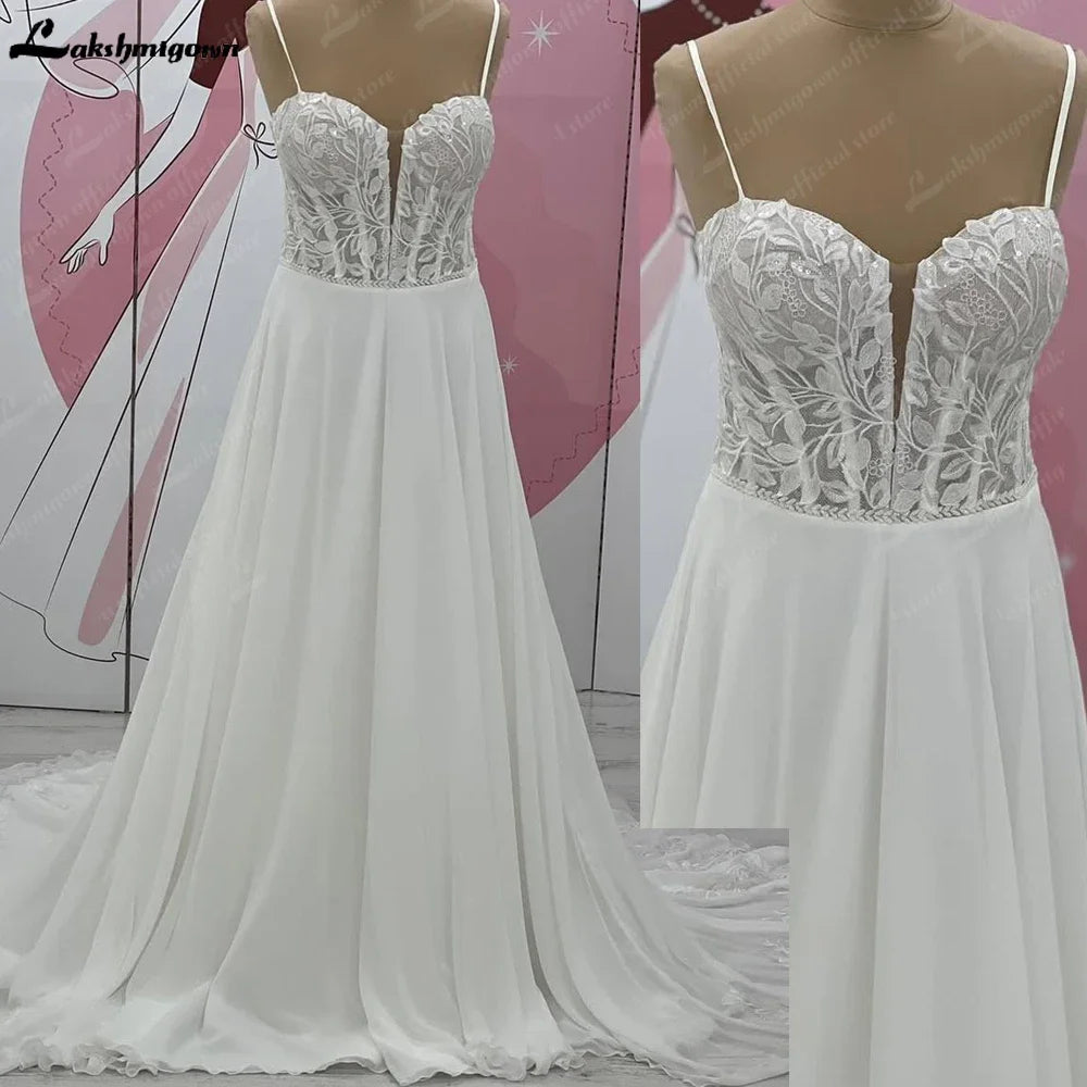 Lakshmigown Sweetheart A Line Wedding Dress Chiffon Spaghetti Straps Sweep Train Wedding Gown Customized Vestido De Noche