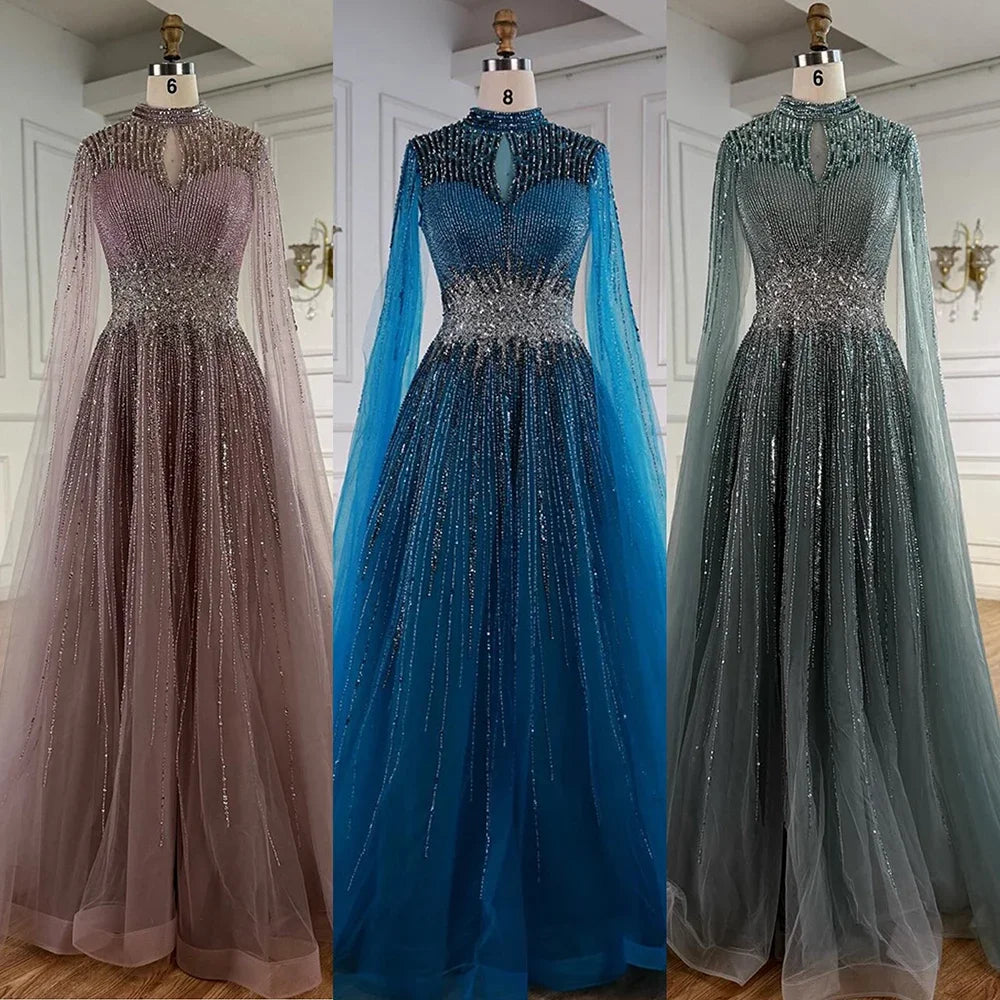 Elegant Modest Blue Beaded Evening Dress with Cape Sleeves Dubai Gown Serene Hill 2025 Customized DLA73059