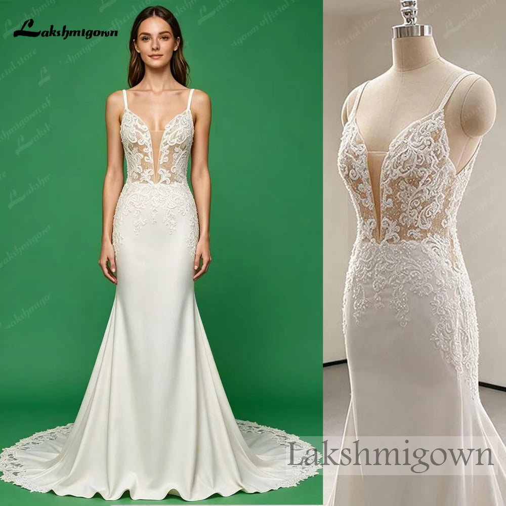 Lakshmigown Lace Appliques Beading Mermaid /Trumpet Wedding Dresses Chapel Train V-Neck Spaghetti Straps Bridal Gown Customized