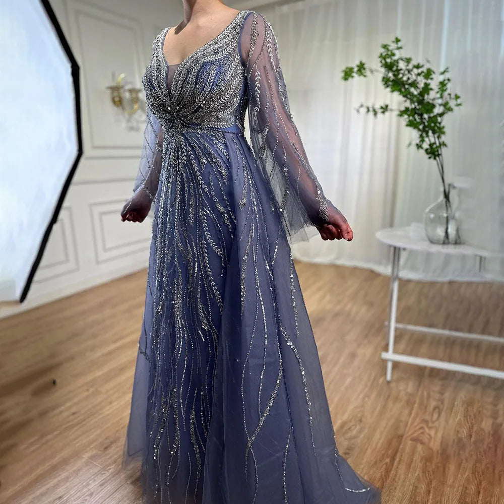 Serene Hill Customized Blue A Line Beaded Evening Dresses Arabic Wedding Party Formal Gowns 2024 For Women DLA72099 rts