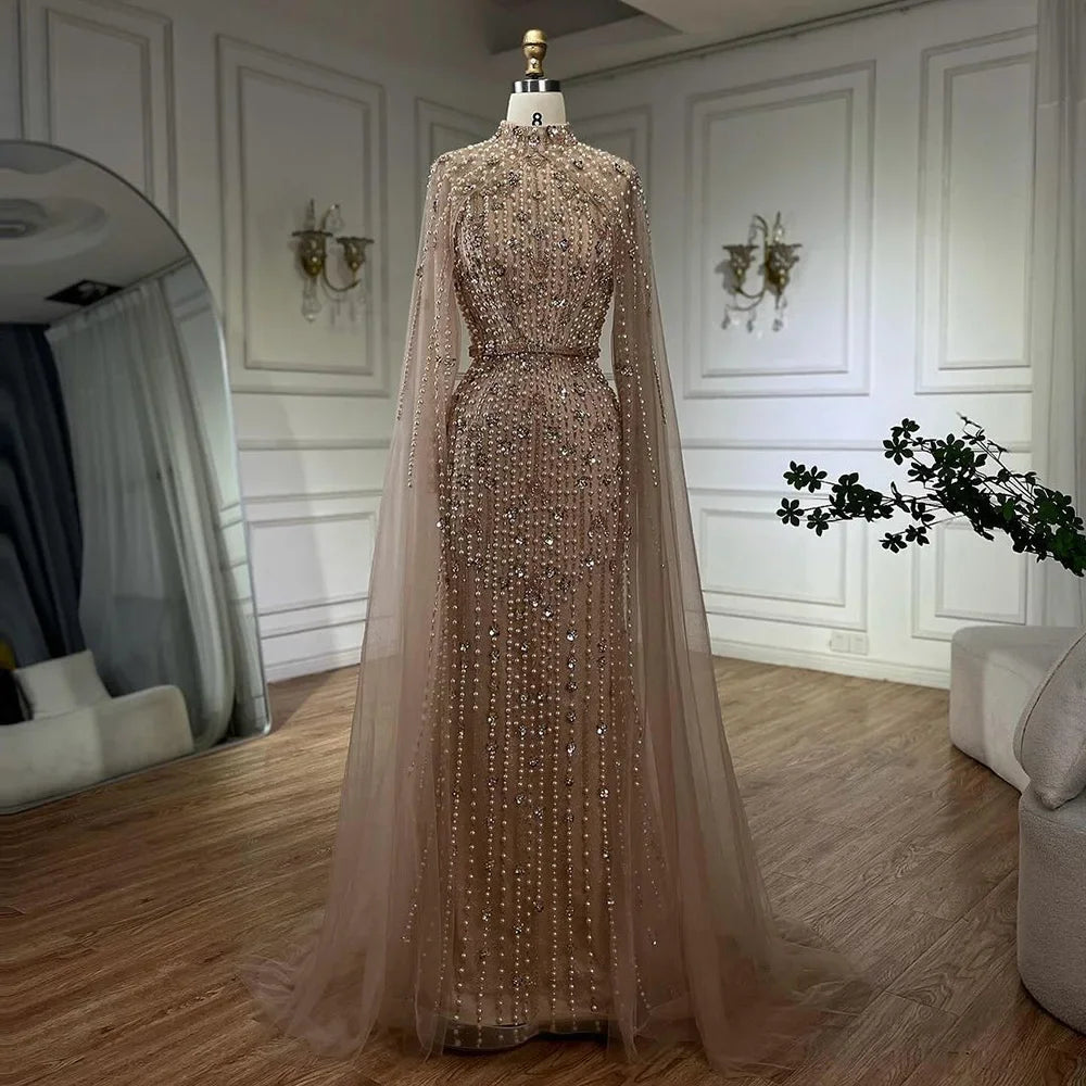 Dubai Grey Mermaid Cape Sleeves Pearls Beaded Elegant Evening Dresses Gowns 2025 Wedding Party DLA72372 Customized