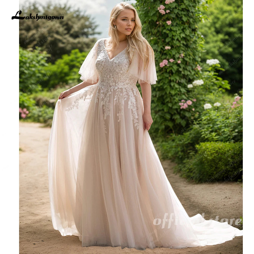 Lakshmigown Plus Size Wedding Dress New Women Applique Lace V-Neck Champagne A-Line Bride Gowns Robe De Mariée Customized