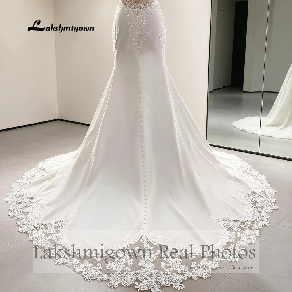 Lakshmigown Lace Appliques Beading Mermaid /Trumpet Wedding Dresses Chapel Train V-Neck Spaghetti Straps Bridal Gown Customized
