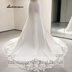 Lakshmigown Lace Appliques Beading Mermaid /Trumpet Wedding Dresses Chapel Train V-Neck Spaghetti Straps Bridal Gown Customized