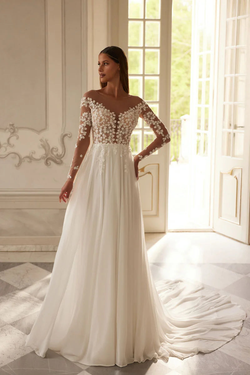 Lakshmigown Boho Wedding Dress for Women Bride Long Sleeves V Neck Applique Chiffon Summer Beach Bridal Gown Customized