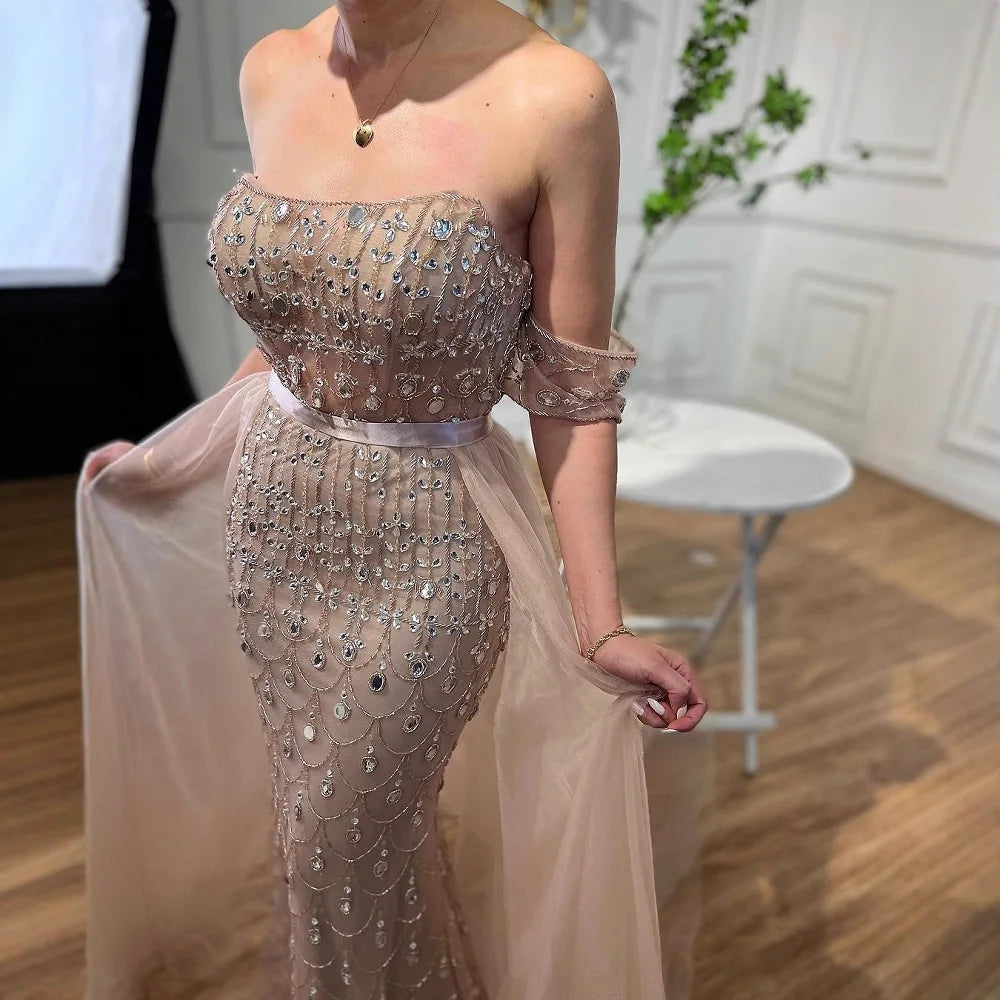 Serene Hill Customized 2026 Red Off Shoulder Mermaid Beaded Overskirt Evening Dress Wedding Party Gowns for Women DLA71922
