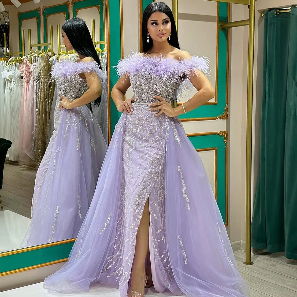 Serene Hill Yellow Feathers Beaded Mermaid Evening Dresses with Overskirt Side Slit Party Gowns for Women DLA72061 Customized