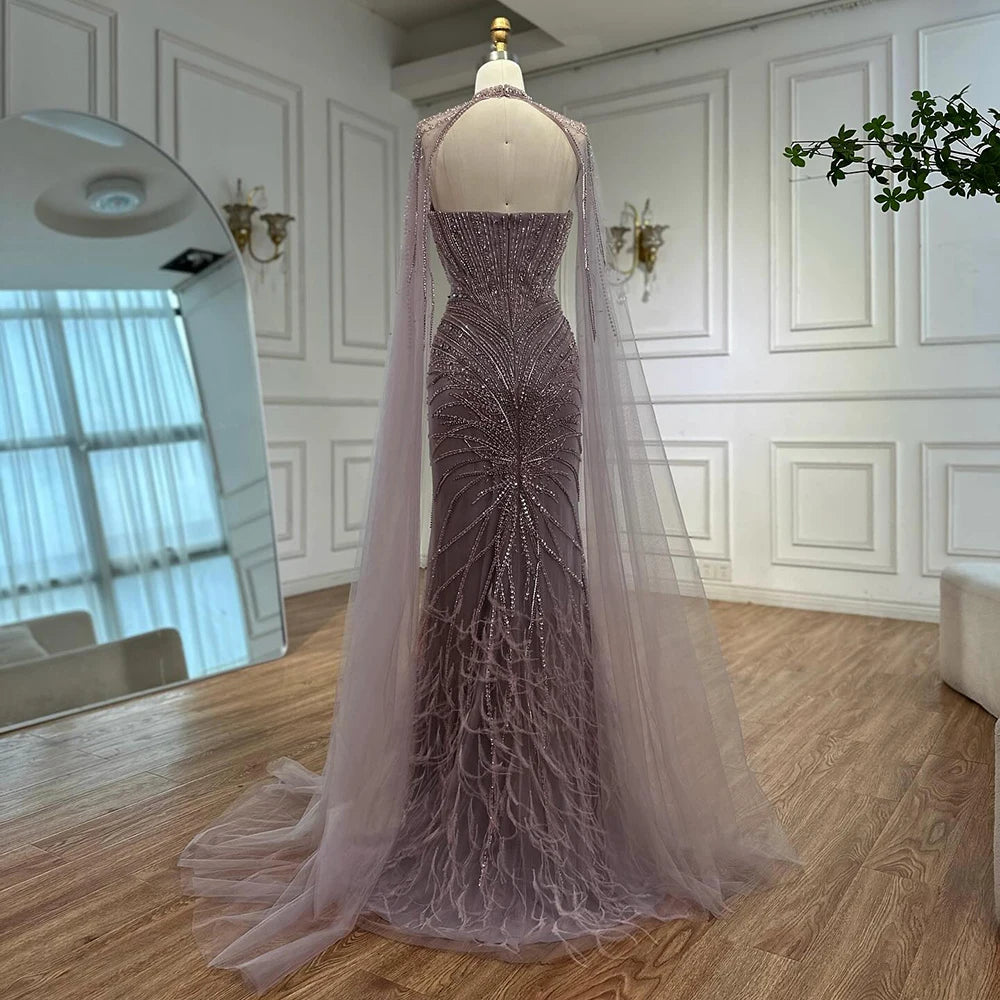 Serene Hill White Nude Mermaid Evening Dresses with Cape Beaded Feathers Party Gowns for Formal Occasion Customized DLA72882