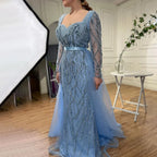 Serene Hill Customized Blue Long Sleeves Mermaid Pearls Beaded Evening Dresses Elegant Party Gowns For Women Wedding DLA71861