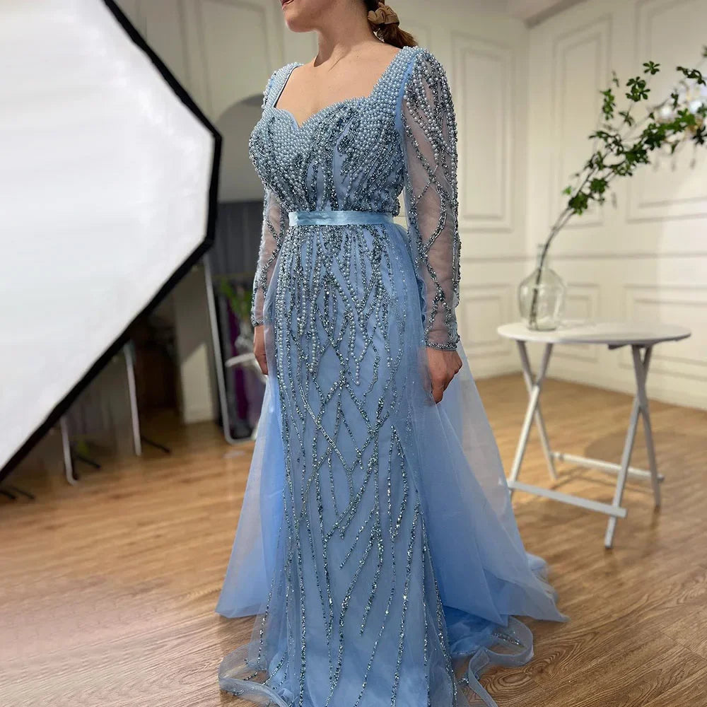 Serene Hill Customized Blue Long Sleeves Mermaid Pearls Beaded Evening Dresses Elegant Party Gowns For Women Wedding DLA71861
