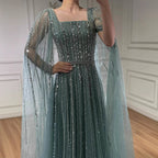 Serene Hill Turquoise Square Collar Beaded Evening Dress with Cape Sleeves Dubai Pary Gowns for Women DLA73188 Customized
