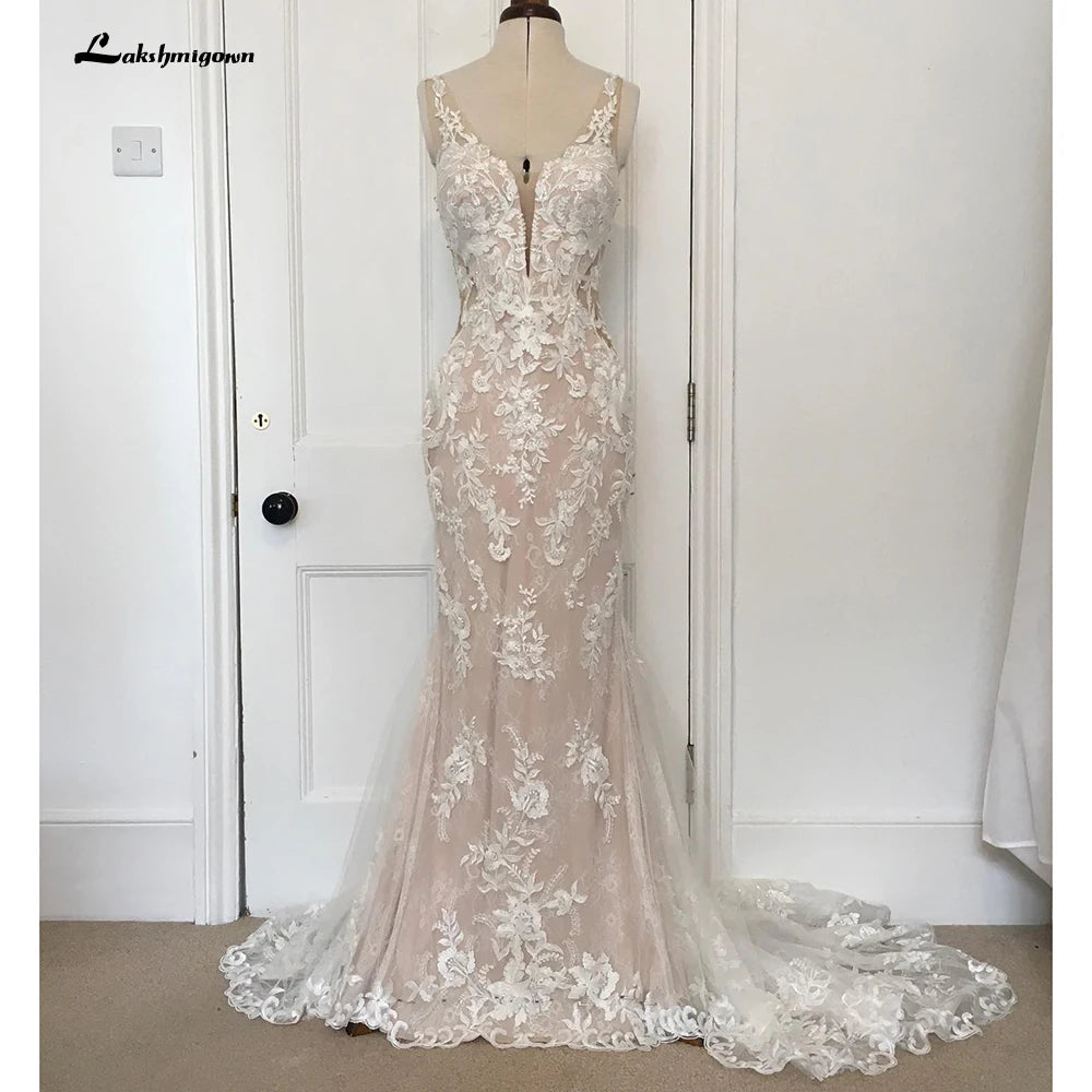 Lakshmigown V Neck Lace Appliques Illusion Court Train Wedding Dress Boho Mermaid/Trumpet Bridal vestido branco Customized