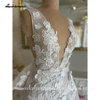 Lakshmigown Deep V Neck Lace Flowers Wedding Dress for Women with Bow Beach A Line Court Trian Wedding Gowns Customized