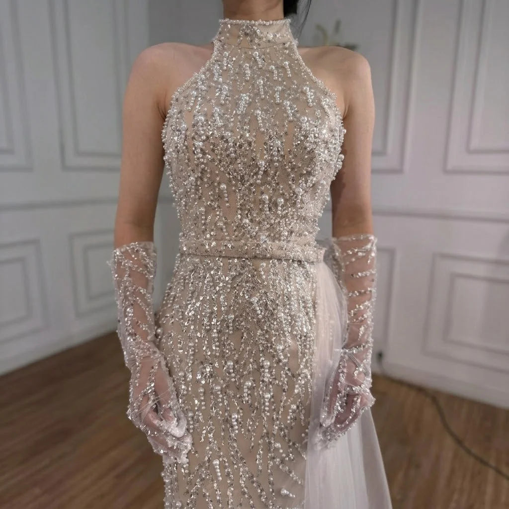 Serene Hill White Nude Pearls Halter Mermaid Evening Gowns with Gloves Formal Party Dresses for Women 2026 Customized DLA72345F