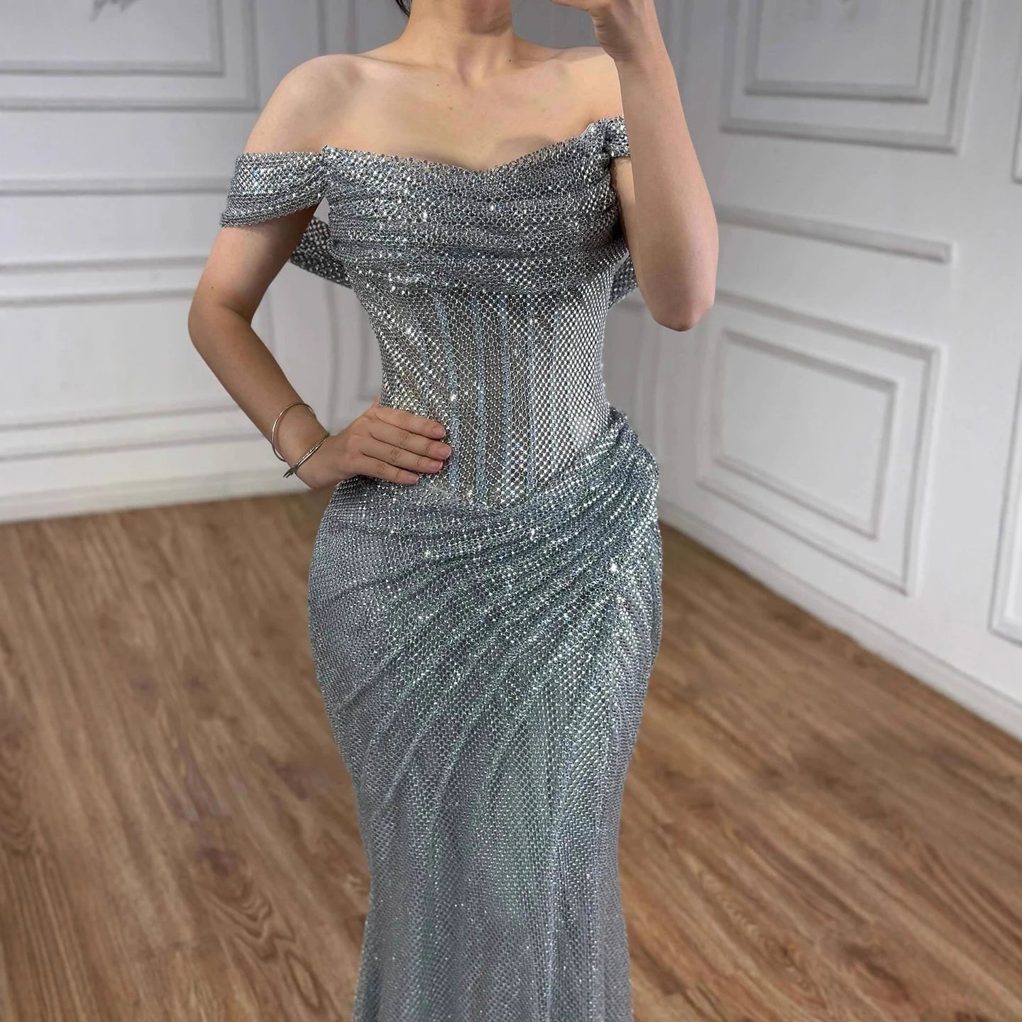 Serene Hill 2026 Silver Off Shoulder Mermaid Sparkle Evening Dress Elegant Wedding Party Gowns for Women Customized DLA73410