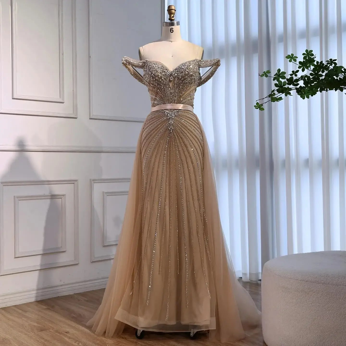 Serene Hill 2026 Nude Luxury Beaded Mermaid Off Shoulder Evening Dress Formal Party Gowns for Women Customized DLA73128