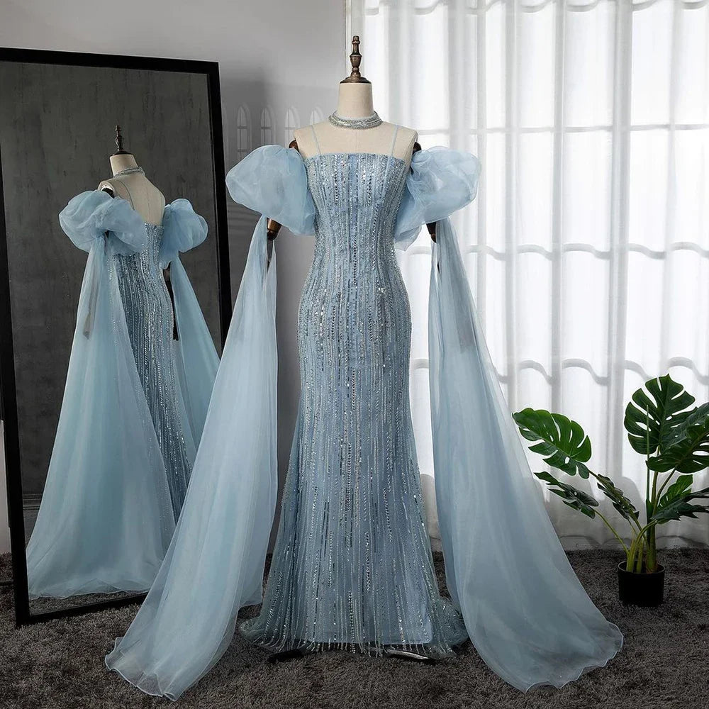 Serene Hill Customized Blue Mermaid Puff Sleeves Beaded Evening Dresses Dubai Elegant Party Gowns For Women 2024 DLA71823