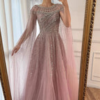 Serene Hill Pink A-line Evening Dress with Cape Sleeves Beaded Wedding Party Gowns for Women DLA72994 Customized