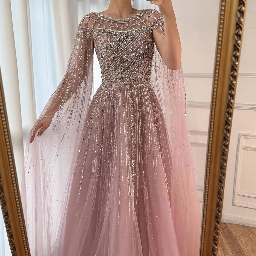 Serene Hill Pink A-line Evening Dress with Cape Sleeves Beaded Wedding Party Gowns for Women DLA72994 Customized
