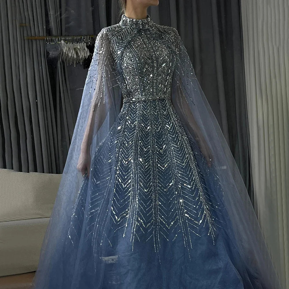 Serene Hill Customized 2025 Blue Beaded A-Line Cape Sleeves Formal Evening Dresses Elegant Party Gowns for Women DLA72728