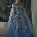 Customized Blue Beaded A-Line Cape Sleeves Formal Evening Dresses Elegant Party Gowns for Women | Nightbubo