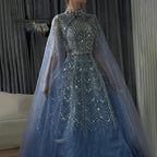 Serene Hill Customized 2025 Blue Beaded A-Line Cape Sleeves Formal Evening Dresses Elegant Party Gowns for Women DLA72728