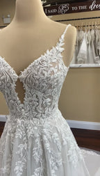 Lakshmigown Spaghetti Straps A‑Line Wedding Dress Deep V‑Neck Leaf Lace Appliques Beaded Tulle Bridal Gown Cut‑Out  Customized
