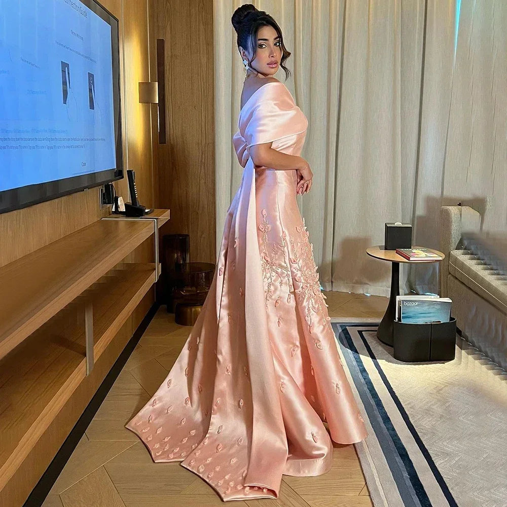Serene Hill Customized Elegant Red Off-Shoulder Evening Gowns with Floral Satin Arabic Party Prom Dress for Women DLA72483