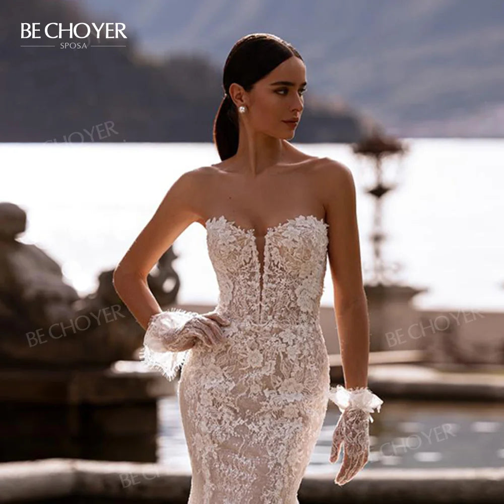 Sleeveless Mermaid Wedding Dress 2026 Sweetheart Lace Backless Bride Gown Princess BECHOYER RY147 Customized Vestido De Noiva