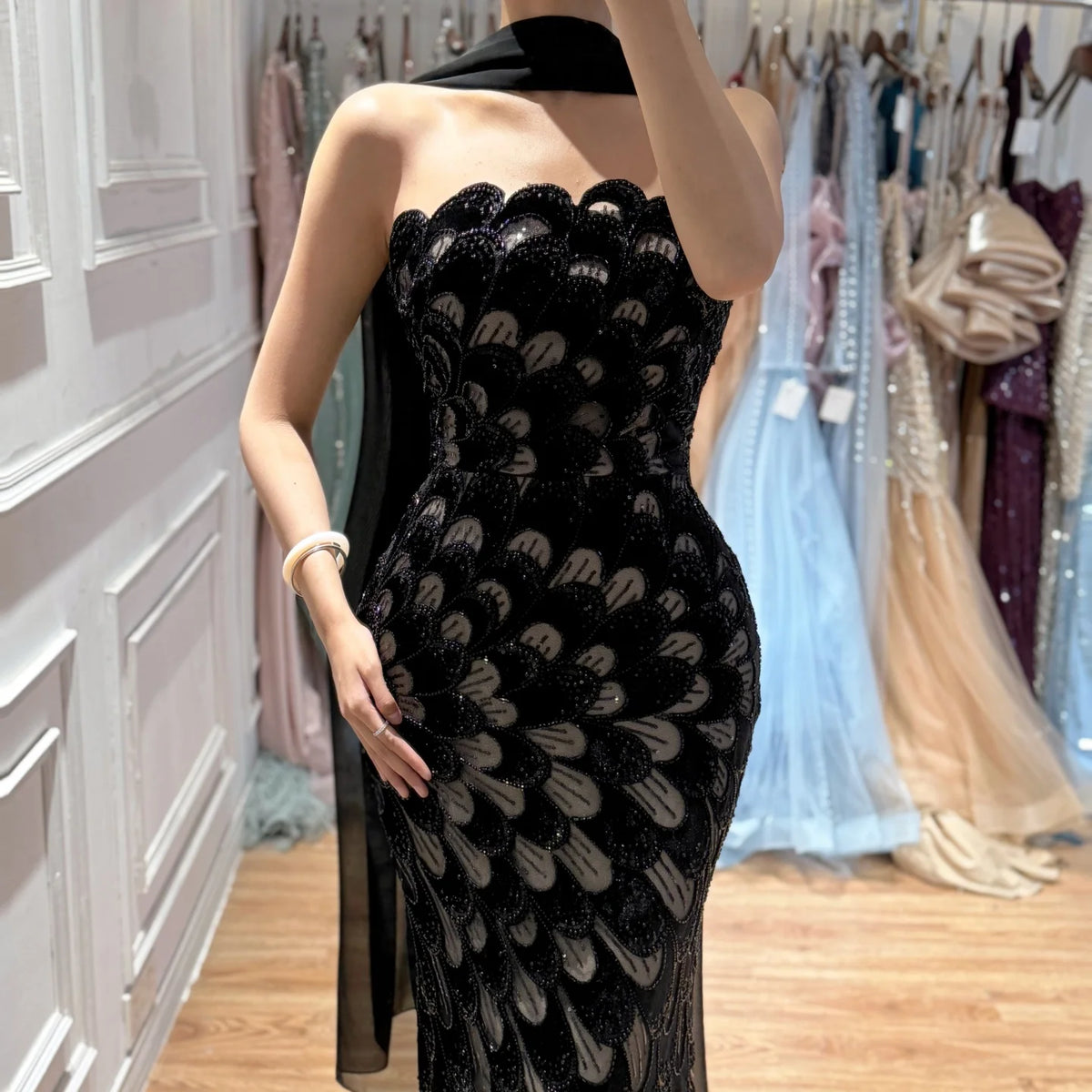 Serene Hill 2026 Black Strapless Mermaid Evening Dress with Scarf Elegant Formal Party Gowns for Women DLA73607 Customizedf