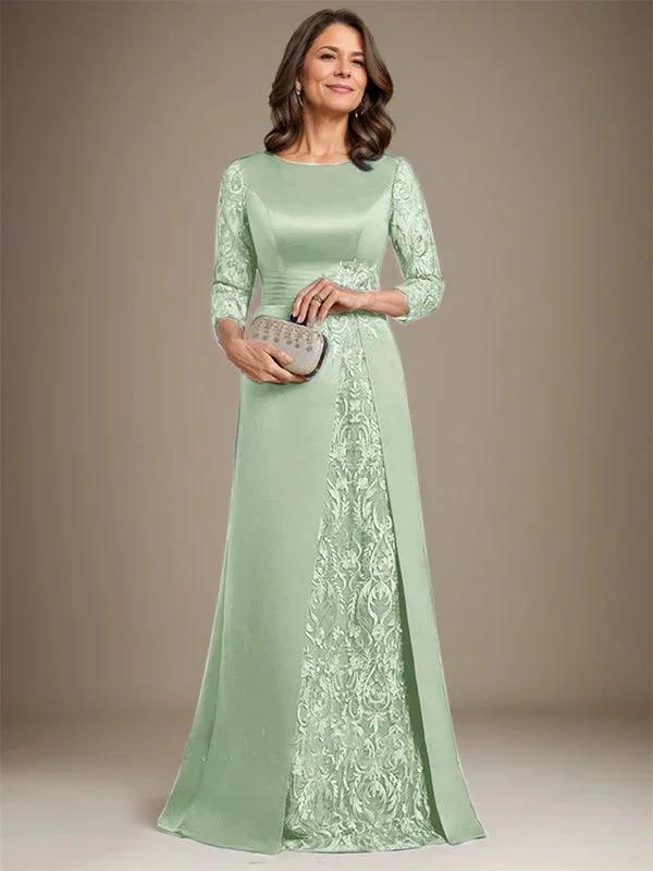 A-Line Scoop Floor-Length Lace Satin Mother Of the Bride Dress With Applique by Dreamylily