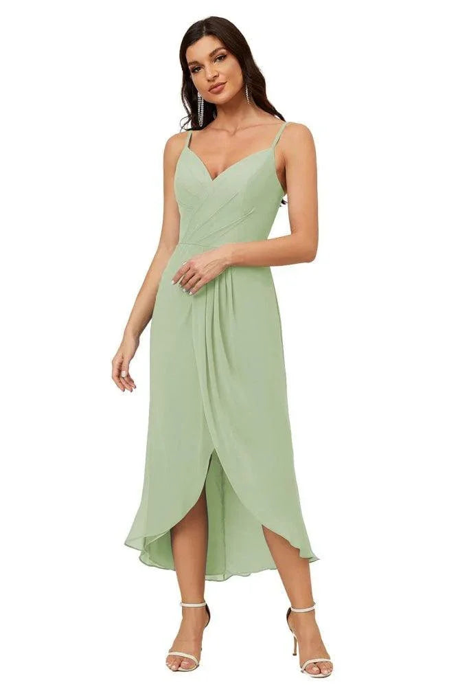 Numbersea Spaghetti-Träger Chiffon V-Ausschnitt Brautjungfernkleid Mittellanger Schlitz Formelles Abschlussballkleid Homecoming-Kleid 2803