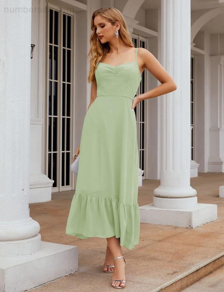 Numbersea Spaghetti-Träger Chiffon Brautjungfernkleid Knöchellänge Formell A-Linie Cocktail Party Homecoming-Kleid für Juniorinnen SEA28028