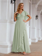 Numbersea Chiffon Bridesmaid Dresses Long Formal Evening Prom Mother of The Bride Dress with Flutter Sleeve     SEA28040