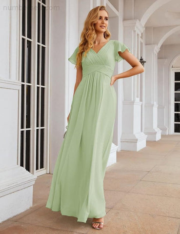 Numbersea Chiffon Bridesmaid Dress Cap Sleeves Maxi Prom Gowns Party Wedding Mother of The Bride Dresses for Women SEA28047