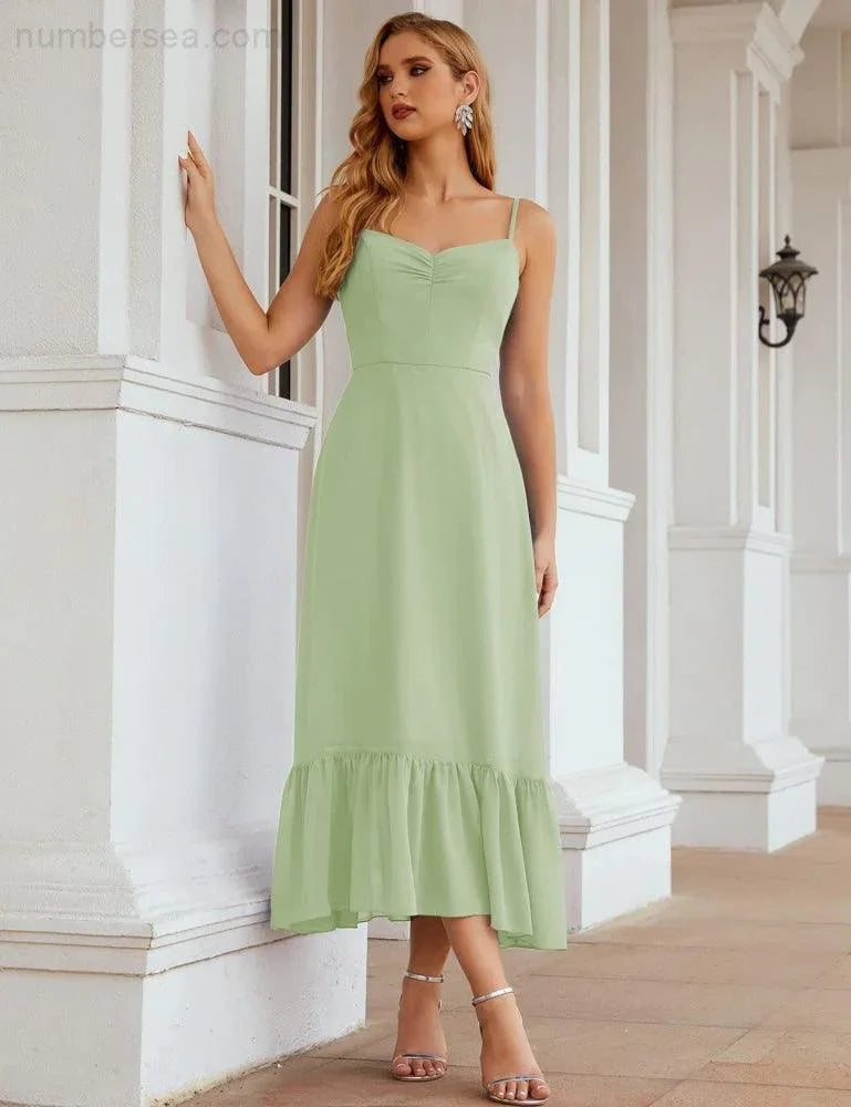 Numbersea Spaghetti-Träger Chiffon Brautjungfernkleid Knöchellänge Formell A-Linie Cocktail Party Homecoming-Kleid für Juniorinnen SEA28028