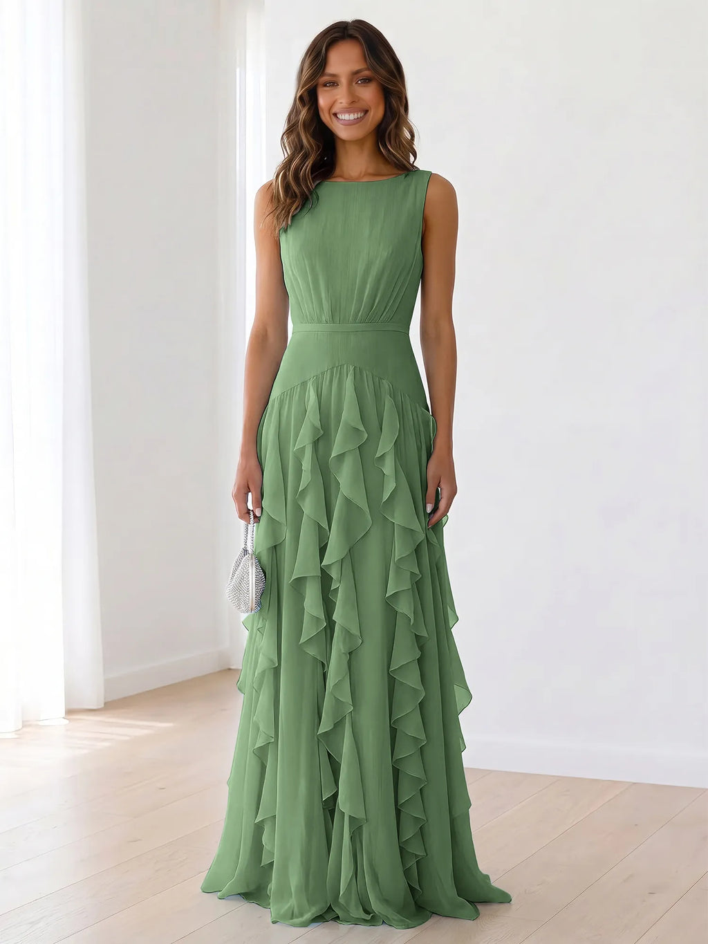 Sleeveless Tiered Chiffon Maxi Evening Gown with Ruched Bodice