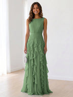 Sleeveless Tiered Chiffon Maxi Evening Gown with Ruched Bodice
