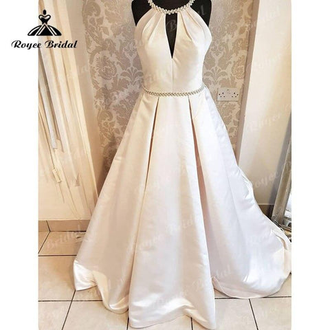 NumberSea Satin Rückenfrei Schulterfrei Neckholder A-Linie Brautkleid 2025 Schlichtes Brautkleid Robe Soirée Mariage Maßgeschneiderte Sweep 