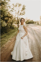 NumberSea Satin A-line Halter Lace Wedding Dresses With Sweep Train, Bridal Gown, MW778