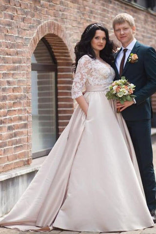 Vestidos de noiva NumberSea em cetim com decote em A e mangas compridas com aplicações de renda, MW640