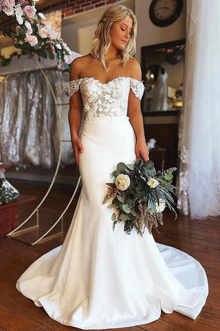 NumberSea Satin Spitze Meerjungfrau Off-the-Shoulder Brautkleider, Brautkleider, MW754