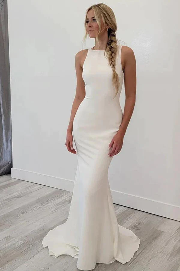 Satin Meerjungfrau Offener Rücken Strand Hochzeitskleider Einfache Brautkleider