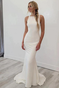 Satin Meerjungfrau Offener Rücken Strand Hochzeitskleider Einfache Brautkleider