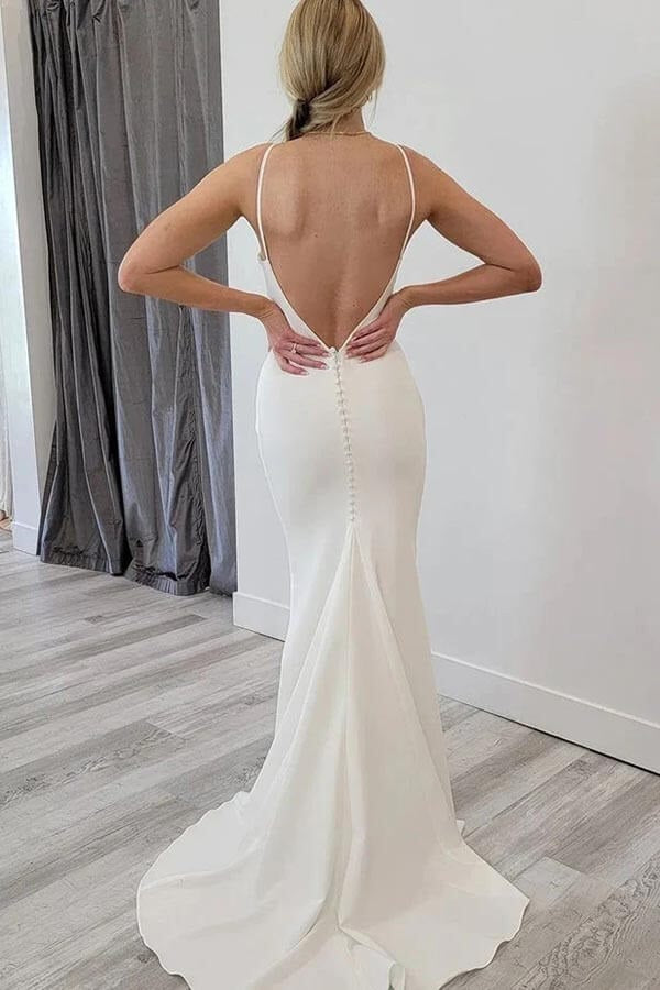 Satin Meerjungfrau Offener Rücken Strand Hochzeitskleider Einfache Brautkleider