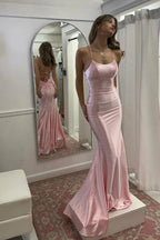 Satin Mermaid Round Neck Spaghetti Strap Pink Prom Dresses PSK712